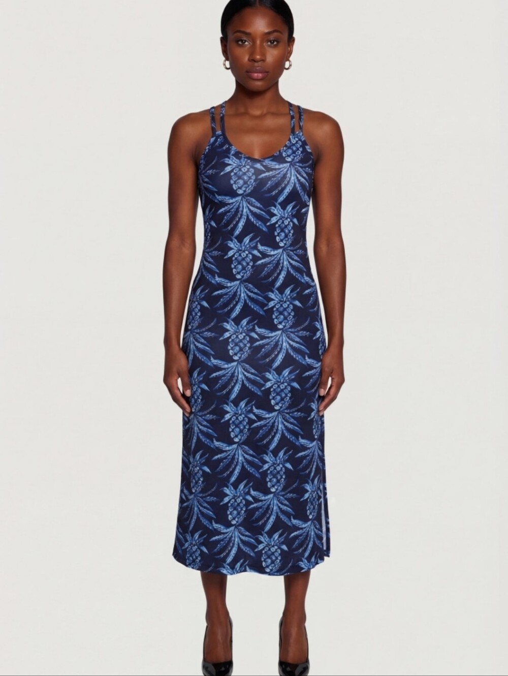 Navy Blue Pineapple-Print Strappy Summer Dress